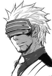 Rule 34 | 1boy, ace attorney, bantrain, earrings, facial hair, godot (ace attorney), jewelry, lowres, male focus, monochrome, short hair, simple background, sketch, solo, togatsuko