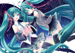 Rule 34 | 2girls, :d, ahoge, anniversary, aqua eyes, bad id, bad pixiv id, detached sleeves, dual persona, green hair, hair ornament, hatsune miku, long hair, multiple girls, necktie, open mouth, pleated skirt, revision, skirt, smile, t miyanagi, thighhighs, twintails, very long hair, vocaloid, zettai ryouiki
