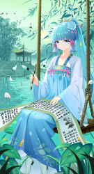 1girl absurdres alternate_costume architecture ayaka_(genshin_impact) bamboo bird blue_eyes blue_hair blunt_bangs calligraphy_brush camellia chinese_clothes chinese_text closed_mouth collarbone crane_(animal) dress east_asian_architecture flower full_body genshin_impact hair_flower hair_ornament hair_ribbon hair_stick hanfu high_ponytail highres holding holding_brush holding_calligraphy_brush holding_paintbrush lake long_hair long_sleeves looking_at_viewer low-tied_sidelocks mole mole_under_eye paintbrush pavilion petals plant ponytail qixiong_ruqun red-crowned_crane ribbon rope scroll sidelocks sitting smile solo swing tassel wide_sleeves willow zhui_ming_ying_xue