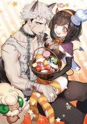 Rule 34 | 1boy, 1girl, alternate costume, basket, black hair, capelet, commentary request, creatures (company), feeding, foongus, game freak, gen 5 pokemon, guzma (pokemon), hairband, halloween, holding, litwick, looking at another, nintendo, open mouth, orange hairband, orange neckwear, poke ball, poke ball (basic), pokemon, pokemon (creature), pokemon sm, purple capelet, selene (pokemon), sitting, sitting on lap, sitting on person, striped clothes, striped thighhighs, teeth, thighhighs, tongue, upper teeth only, whimsicott, zuizi