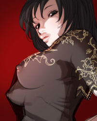 Rule 34 | 1girl, black hair, breasts, brown eyes, cleavage, falcoon, japanese clothes, large breasts, lips, long hair, nipples, see-through, sideboob, solo