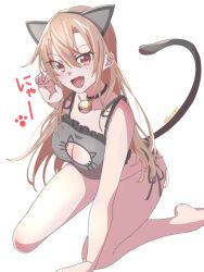 1girl :d alternate_costume animal_ears arm_support artist_name bell black_collar blush bra brown_hair bwave968 cat_cutout cat_ear_panties cat_ears cat_lingerie cat_tail cleavage_cutout clothing_cutout collar commentary_request eydis_(sao) fake_animal_ears fake_tail fang frilled_bra frills full_body grey_bra grey_panties hair_between_eyes highres jingle_bell kneeling long_hair looking_at_viewer meme_attire neck_bell open_mouth panties paw_pose red_eyes side-tie_panties sidelocks simple_background skin_fang smile solo sword_art_online tail translation_request twitter_username underwear white_background