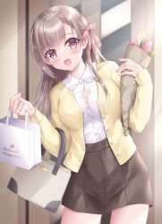 Rule 34 | 1girl, :d, bag, bouquet, bow, breasts, brown hair, brown skirt, button gap, cleavage, collared shirt, commentary request, door, dress shirt, flower, hair between eyes, hair bow, highres, holding, holding bag, indoors, jacket, kohinata hoshimi, leaning to the side, long hair, long sleeves, looking at viewer, medium breasts, open clothes, open jacket, open mouth, original, paper bag, pink bow, pink flower, pleated skirt, red eyes, shirt, skirt, sleeves past wrists, smile, solo, standing, tulip, white shirt, yellow jacket