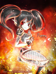 Rule 34 | 1girl, adapted costume, alternate costume, alternate eye color, alternate hair color, amoheavell, armor, ass, black hair, black legwear, bracelet, breasts, character name, facial mark, fishnets, goth fashion, jewelry, league of legends, light smile, long hair, noxus poppy, pale skin, pauldrons, pointy ears, poppy (league of legends), red eyes, shoulder armor, solo, spikes, twintails, underboob, watermark, web address, wristband, yordle