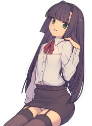 Rule 34 | 1girl, black skirt, black thighhighs, blunt bangs, breasts, buttons, collared shirt, commentary, cowboy shot, dress shirt, everyntrge, garter straps, green eyes, hair intakes, hand in own hair, highres, long hair, looking at viewer, original, panties, pantyshot, parted lips, purple hair, red ribbon, ribbon, shirt, shirt tucked in, sidelocks, simple background, sitting, skirt, small breasts, solo, thighhighs, underwear, white background, white panties, white shirt