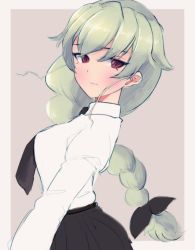 Rule 34 | 10s, 1girl, alternate hairstyle, anchovy (girls und panzer), black necktie, black ribbon, blouse, braid, breasts, from side, girls und panzer, green eyes, hair ribbon, light smile, long hair, looking at viewer, mityubi, necktie, pink background, red eyes, ribbon, shirt, single braid, small breasts, solo, tress ribbon, upper body, very long hair, white shirt
