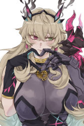 Rule 34 | 1girl, armor, blonde hair, breasts, barghest (fate), barghest (second ascension) (fate), fate/grand order, fate (series), green eyes, grey background, hair ornament, hairclip, heart, heart hands, highres, large breasts, long hair, looking at viewer, multicolored eyes, purple eyes, simple background, sleeveless, solo, upper body, ushinoyavi, very long hair