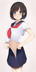 Rule 34 | 1girl, :o, black hair, blue eyes, blue sailor collar, blue skirt, blush, breasts, commentary request, crop top, crop top overhang, grey background, groin, highres, holding, looking at viewer, medium breasts, midriff, mottsun (i 40y), navel, neckerchief, open mouth, original, panties, pleated skirt, polka dot, polka dot panties, sailor collar, school uniform, serafuku, shirt, short hair, short sleeves, sidelocks, sketch, skirt, solo, standing, tareme, underwear, white panties, white shirt