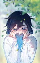 Rule 34 | 1boy, black hair, blue hair, blurry, blurry background, blush, covered mouth, falling leaves, genshin impact, gradient hair, green eyes, highres, holding, holding own hair, kureiiro, leaf, long sleeves, looking at viewer, male focus, multicolored hair, sidelocks, simple background, solo, sweater, trap, venti (genshin impact)