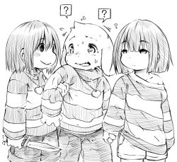 Rule 34 | 1boy, androgynous, asriel dreemurr, bad id, bad pixiv id, blush, blush stickers, bowl cut, chara (undertale), frisk (undertale), furry, greyscale, half-closed eyes, heart, heart necklace, holding, holding hands, holding weapon, jewelry, knife, koishi chikasa, locket, monochrome, monster boy, necklace, off shoulder, pendant, shirt, spoilers, striped clothes, striped shirt, sweat, undertale, weapon