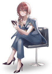 1girl absurdres aketa_mikoto breasts brown_hair brown_shoes cellphone cleavage collarbone crossed_legs dated fingernails full_body grey_pants high_heels highres holding holding_phone idolmaster idolmaster_shiny_colors kevn light_smile lipstick looking_at_viewer makeup mascara nail_polish on_stool pants phone pinstripe_pattern pumps shoes signature sitting solo stiletto_heels