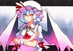 Rule 34 | 1girl, ascot, bat wings, blue hair, closed mouth, collared shirt, commentary request, crossed arms, frilled shirt collar, frills, hat, hat ribbon, highres, looking at viewer, medium hair, mob cap, orange eyes, pointy ears, puffy short sleeves, puffy sleeves, qqqrinkappp, red ascot, red ribbon, remilia scarlet, ribbon, shirt, short sleeves, smile, solo, touhou, traditional media, upper body, white hat, white shirt, wings, wrist cuffs