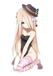 Rule 34 | 1girl, abigail williams (fate), alternate costume, asymmetrical legwear, bad id, bad pixiv id, bare arms, bare shoulders, bell, between legs, black bow, black hat, black leotard, blonde hair, blue eyes, bow, breasts, bug, butterfly, cleavage, closed mouth, collarbone, commentary, fate/grand order, fate (series), full body, groin, hair bow, hair over one eye, hand between legs, hat, head tilt, highleg, highleg leotard, highres, insect, jilu, leotard, long hair, looking at viewer, medium breasts, mismatched legwear, no shoes, orange bow, parted lips, playboy bunny, seiza, simple background, sitting, solo, star (symbol), strapless, strapless leotard, striped clothes, striped thighhighs, thighhighs, v arms, very long hair, white background, white thighhighs
