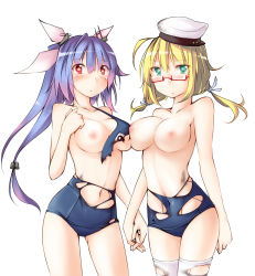 Rule 34 | 10s, 2girls, blonde hair, blue hair, blush, breasts, glasses, green eyes, hair ornament, hair ribbon, hat, highres, holding hands, i-19 (kancolle), i-8 (kancolle), kaminagi (kaminagi-tei), kantai collection, large breasts, long hair, multiple girls, navel, nipples, one-piece swimsuit, red eyes, ribbon, school swimsuit, short hair, simple background, star-shaped pupils, star (symbol), swimsuit, symbol-shaped pupils, thighhighs, torn clothes, torn legwear, twintails, white background, white legwear