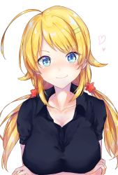 Rule 34 | 1girl, ahoge, artist request, blonde hair, blue eyes, blush, breasts, commentary request, crossed arms, hachimiya meguru, hair ornament, hairclip, highres, idolmaster, idolmaster shiny colors, large breasts, long hair, looking at viewer, low twintails, open mouth, smile, solo, twintails