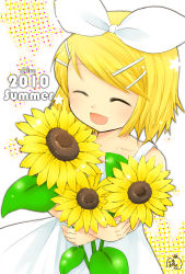 Rule 34 | 10s, 1girl, 2010, :d, ^ ^, aged down, bare shoulders, blonde hair, blue eyes, bob cut, bow, child, closed eyes, crossed arms, dress, empire waist, flower, glassflower, hair bow, hair ornament, hairclip, highres, holding, kagamine rin, open mouth, signature, smile, solo, sorakaze kyouka, standing, star (symbol), sundress, sunflower, swept bangs, vocaloid