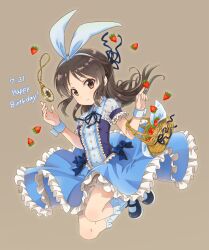 Rule 34 | 1girl, animal ear hairband, animal ears, basket, black footwear, blue bow, blue dress, blue hairband, blue ribbon, blue socks, blue wrist cuffs, blush, bow, brown background, brown eyes, brown hair, closed mouth, dot nose, dress, dress bow, fake animal ears, flat chest, floating hair, food, frilled dress, frills, fruit, full body, goma konbu, hair bow, hair ribbon, hairband, hands up, happy birthday, highres, holding, holding basket, idolmaster, idolmaster cinderella girls, idolmaster cinderella girls starlight stage, index finger raised, long hair, looking at viewer, mary janes, neck ribbon, pocket watch, rabbit ear hairband, rabbit ears, ribbon, shoes, short sleeves, simple background, socks, solo, strawberry, tachibana arisu, watch, wrist cuffs