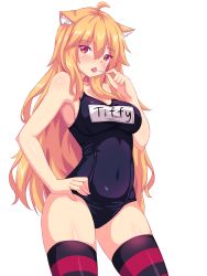 Rule 34 | 1girl, animal ear fluff, animal ears, artist self-insert, blonde hair, breasts, candy, cat ears, contrapposto, covered navel, food, highres, lollipop, long hair, looking at viewer, medium breasts, name tag, nottytiffy, one-piece swimsuit, original, red eyes, school swimsuit, simple background, solo, standing, striped clothes, striped thighhighs, swimsuit, thighhighs, tiffy (nottytiffy), white background