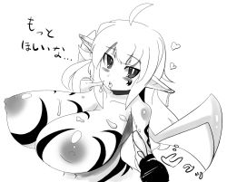 Rule 34 | 1girl, ahoge, breasts, cum, cum on body, cum on breasts, cum on upper body, demon girl, female focus, heart, huge breasts, long hair, monochrome, navel, nipples, nude, pointy ears, puffy nipples, simple background, solo, umigarasu (magipro), white background, wings