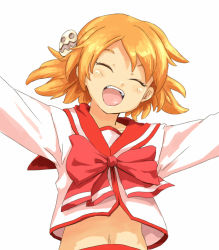 Rule 34 | 00s, 1girl, blonde hair, blush, closed eyes, happy, open mouth, outstretched arms, sasamori karin, school uniform, serafuku, shibasaki shouji, simple background, smile, solo, spread arms, to heart (series), to heart 2, twintails