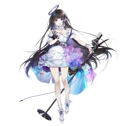 Rule 34 | 1girl, bare shoulders, brown hair, dress, earpiece, finger to own chin, frilled dress, frills, full body, game cg, girls&#039; frontline, girls&#039; frontline neural cloud, halo, highres, holding, holding microphone stand, legs, long hair, looking at viewer, microphone, microphone stand, nanaka (neural cloud), official art, purple eyes, sandals, smile, solo, transparent background, very long hair, white dress