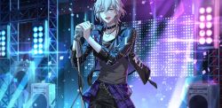 Rule 34 | 1boy, afterl!fe, blonde hair, blue eyes, bracelet, chain, collar, hair ornament, hairclip, handcuff dangle, highres, idol, jewelry, long sleeves, looking at viewer, male focus, microphone, microphone stand, music, necklace, official art, second-party source, short hair, singing, smile, solo, spiked collar, spikes, stage, verine (afterl!fe)