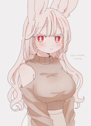 Rule 34 | 1girl, absurdres, animal ears, bare shoulders, blush, breasts, furry, grey background, highres, large breasts, long hair, looking at viewer, meg (115meg), pink hair, rabbit ears, red eyes, serious, sweater, white furr, white hair