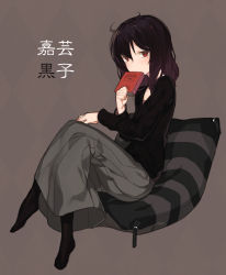Rule 34 | 1girl, argyle, argyle background, argyle clothes, black pantyhose, black shirt, book, brown hair, character name, crossed legs, cushion, diary, grey background, grey skirt, highres, hitoshi, holding, holding book, long skirt, looking at viewer, mole, mole under eye, original, pantyhose, red eyes, shirt, simple background, sitting, skirt, solo