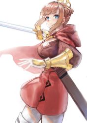 Rule 34 | 1girl, arm up, blue eyes, blush, braid, breasts, brown hair, brown shirt, cape, closed mouth, cowboy shot, female focus, french braid, gloves, hair intakes, hand up, highres, holding, holding sword, holding weapon, hood, hood down, hooded cape, level9kaito, light blush, lilith (world flipper), long sleeves, medium breasts, miniskirt, pants, pants under skirt, puffy sleeves, red cape, red skirt, sheath, shirt, short hair, sidelocks, simple background, skirt, solo, standing, sword, tiara, vambraces, weapon, white background, white gloves, white pants, world flipper, yellow headwear