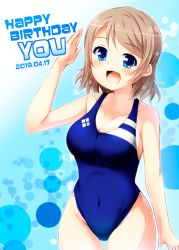 Rule 34 | 1girl, blue background, blue eyes, blue one-piece swimsuit, breasts, brown hair, cleavage, commentary request, competition swimsuit, covered navel, cowboy shot, dated, gradient background, happy birthday, highleg, highleg swimsuit, looking at viewer, love live!, love live! sunshine!!, medium breasts, one-piece swimsuit, open mouth, salute, short hair, smile, solo, swimsuit, tekehiro, watanabe you