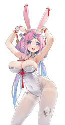 Rule 34 | 1girl, :d, absurdres, animal ear fluff, animal ears, armpits, arms up, blue hair, blush, breasts, cleavage, contrapposto, covered navel, fake animal ears, fake tail, forehead jewel, gradient hair, hairband, highres, large breasts, leotard, looking at viewer, mole, mole on armpit, multicolored hair, open mouth, original, pantyhose, parted bangs, pekakiu, playboy bunny, purple eyes, rabbit ears, rabbit tail, simple background, smile, solo, strapless, strapless leotard, tail, tassel, teeth, thighband pantyhose, upper teeth only, white background, white hairband, white leotard, white pantyhose