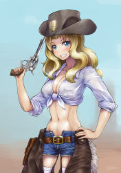 Rule 34 | 10s, 1girl, artist name, bad id, bad pixiv id, belt, blonde hair, blue eyes, blush, chaps, colt single action army, cowboy hat, cowboy western, cutoffs, denim, denim shorts, fringe trim, front-tie top, girls und panzer, gradient background, grin, gun, hand on own hip, handgun, hat, highres, holding, holding gun, holding weapon, holster, kay (girls und panzer), long hair, long sleeves, midriff, navel, open fly, revision, revolver, shirt, short shorts, shorts, signature, skindentation, sleeves rolled up, smile, solo, solokov (okb-999), standing, thighhighs, tied shirt, trigger discipline, unzipped, weapon, white shirt, white thighhighs