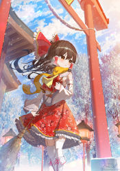 Rule 34 | 1girl, ascot, bare shoulders, blush, boots, bow, breasts, broom, brown eyes, closed mouth, detached sleeves, eyelashes, floral print, frilled bow, frilled skirt, frilled sleeves, frills, garter straps, hair bow, hair ribbon, hair tubes, hakurei reimu, hakurei shrine, highres, holding, holding broom, kiramarukou, knee boots, lantern, long hair, long sleeves, looking to the side, medium breasts, nontraditional miko, red bow, red ribbon, red skirt, red vest, ribbon, rope, scarf, shimenawa, sidelocks, signature, skirt, snow, snowing, solo, standing, torii, touhou, twitter username, vest, white footwear, white sleeves, wide sleeves, winter, yellow ascot, yellow scarf