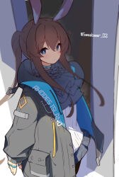 Rule 34 | 1girl, amiya (arknights), animal ears, arknights, ascot, black ascot, black jacket, black skirt, blue collar, blue eyes, blue jacket, blurry, blush, bright pupils, brown hair, closed mouth, clothes writing, collar, commentary request, cowboy shot, expressionless, eyes visible through hair, floating hair, hair between eyes, highres, jacket, jewelry, layered ascot, long hair, long sleeves, looking at viewer, miniskirt, open clothes, open jacket, partial commentary, pleated skirt, ponytail, rabbit ears, rabbit girl, ring, sidelocks, skirt, solo, standing, sweater, tetenka, twitter username, two-sided fabric, two-sided jacket, white pupils, white sweater
