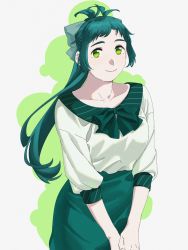 Rule 34 | 1girl, absurdres, antenna hair, bad id, bad twitter id, blouse, green eyes, green hair, green shirt, green skirt, highres, irako (kancolle), kantai collection, long hair, looking at viewer, official alternate costume, ojipon, ponytail, shirt, skirt, smile, solo, two-tone background, v arms