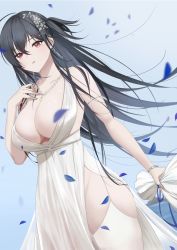 Rule 34 | 1girl, armlet, azur lane, bare shoulders, black hair, bouquet, bracelet, breasts, cleavage, cloud, cloudy sky, collarbone, cowboy shot, day, dress, dutch angle, earrings, flower, garter straps, hair ornament, hand on own chest, highres, holding, holding bouquet, jewelry, large breasts, long hair, looking at viewer, necklace, official alternate costume, one side up, outdoors, oxygen mask (oxygenmask233), parted lips, pelvic curtain, petals, red eyes, sky, sleeveless, sleeveless dress, solo, taihou (azur lane), taihou (temptation on the sea breeze) (azur lane), thighhighs, very long hair, white thighhighs