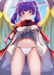 Rule 34 | 1girl, absurdres, bloom, blue sky, blurry, blurry background, blush, bracelet, cameltoe, capelet, closed mouth, clothes lift, coat, cowboy shot, curtains, day, dragon girl, dragon wings, dress, embarrassed, fire emblem, fire emblem: the sacred stones, frilled dress, frills, gold trim, green wings, hair tie, hands up, highres, holding, holding clothes, holding skirt, jewelry, lifted by self, light particles, long hair, looking at viewer, looking down, multi-tied hair, myrrh (fire emblem), navel, nintendo, pale skin, panties, purple hair, red capelet, red coat, red eyes, shiny skin, short dress, skirt, skirt lift, sky, solo, standing, takemura kou, thighs, twintails, underwear, white dress, white panties, window, wings, wristband, yellow wings