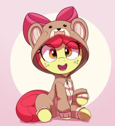 Rule 34 | 1girl, animal hood, apple bloom, brown eyes, highres, hood, hoodie, looking at viewer, my little pony, my little pony: friendship is magic, no humans, open mouth, pabbley, pink hair, pony (animal), solo, yellow fur