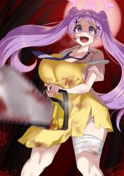 Rule 34 | 1girl, absurdres, alternate costume, apron, bandages, blood, blue archive, blue eyes, halo, hanae (blue archive), highres, looking at viewer, moon, noe (ppppriver), pink halo, purple hair, shirt, solo, thigh gap, white shirt, yellow apron