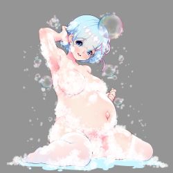 Rule 34 | absurdres, big belly, blue eyes, blue hair, breasts, bubble, convenient censoring, grey background, hair ornament, highres, large breasts, looking at viewer, outie navel, pregnant, pussy, re:zero kara hajimeru isekai seikatsu, rem (re:zero), roswaal mansion maid uniform, simple background, skindentation, thighhighs, user fdpg7724, x hair ornament
