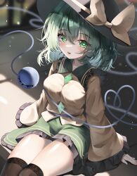 Rule 34 | 1girl, absurdres, black hat, black thighhighs, blurry, blurry background, blush, bow, breasts, buttons, dfra, diamond button, eyeball, frilled shirt collar, frilled sleeves, frills, green eyes, green hair, green skirt, hat, hat bow, hat ribbon, heart, heart-shaped pupils, heart of string, highres, komeiji koishi, large breasts, looking at viewer, open mouth, ribbon, shirt, sitting, skirt, solo, symbol-shaped pupils, thighhighs, third eye, touhou, wavy hair, wide sleeves, yellow ribbon, yellow shirt