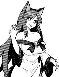 Rule 34 | 1girl, animal ears, breasts, bright pupils, cleavage, commentary, dress, fang, fingernails, greyscale, high contrast, imaizumi kagerou, large breasts, long fingernails, long hair, long sleeves, looking at viewer, monochrome, off-shoulder dress, off shoulder, onkn sxkn, open mouth, simple background, smile, solo, touhou, wolf ears, wolf girl