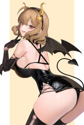 1girl 767_(pixiv973307689) absurdres ahoge alternate_costume anis_(nikke) ass back bare_shoulders black_dress black_gloves black_wings border breasts brown_eyes brown_hair cat_hair_ornament criss-cross_straps demon_tail dress elbow_gloves fake_horns fake_tail fang from_behind gloves goddess_of_victory:_nikke hair_ornament halloween halloween_costume highres horns index_finger_raised large_breasts leaning_forward looking_at_viewer medium_hair open_mouth pointing pointing_at_self short_dress sideboob solo tail thighhighs thong torn_clothes torn_gloves white_border wings yellow_background