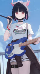 Rule 34 | 1girl, absurdres, animal ears, bass guitar, belt, black choker, black hair, black mask, blue archive, blue sky, blunt bangs, breasts, brown jacket, cat ears, choker, clothes around waist, cloud, colored inner hair, commentary request, cowboy shot, day, earclip, extra ears, halo, highres, holding, holding instrument, holding microphone, instrument, jacket, jacket around waist, kazusa (band) (blue archive), kazusa (blue archive), looking at viewer, looking down, mask, mask around neck, microphone, mouth mask, multicolored hair, official alternate costume, outdoors, pink hair, pink halo, pleated skirt, ruha (ruha12haru), shirt, short hair, short sleeves, skirt, sky, small breasts, solo, thigh belt, thigh strap, white shirt, white skirt, wristband