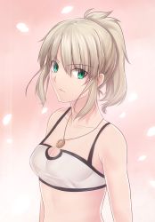 Rule 34 | 1girl, bare shoulders, blonde hair, breasts, camisole, cleavage, fate/apocrypha, fate/stay night, fate (series), green eyes, jewelry, long hair, midriff, mordred (fate), mordred (fate/apocrypha), mordred (memories at trifas) (fate), necklace, ponytail, sidelocks, solo, sports bra, tusia