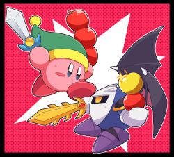 Rule 34 | 2boys, action, angry, apple, armor, battle, black border, blue eyes, blue skin, blush, blush stickers, border, colored skin, copy ability, fighting, food, frown, fruit, gem, gloves, green headwear, hat, highres, holding, holding sword, holding weapon, jumping, kirby, kirby: battle royale, kirby (series), knight, male focus, mask, meta knight, mittens, multicolored background, multiple boys, nintendo, no humans, pauldrons, pink background, pink skin, polka dot, polka dot background, pom pom (clothes), purple footwear, shoulder armor, subaru331, sweat, sweatdrop, sword, weapon, white background, white gloves, white mittens, wings, yellow eyes