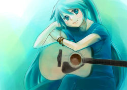 Rule 34 | 1girl, acoustic guitar, casual, guitar, hatsune miku, instrument, looking at viewer, nawoko, solo, vocaloid