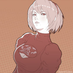 Rule 34 | 1girl, artist name, breasts, cleavage, commentary, dress, hair between eyes, hairband, highres, looking at viewer, medium breasts, mole, mole under mouth, nier:automata, nier (series), parted lips, polkin, puffy sleeves, short hair, simple background, smile, solo, turtleneck, upper body, 2b (nier:automata)