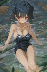 Rule 34 | 1girl, absurdres, arm support, bare shoulders, black hair, black one-piece swimsuit, borrowed character, breasts, cleavage, closed mouth, collarbone, covered navel, gaki kyonyuu, hair between eyes, highres, hxxg, large breasts, long bangs, looking at viewer, one-piece swimsuit, oppai loli, red eyes, sasaki kanna (kaedeko), sideboob, sitting, solo, swimsuit, thigh gap, thighs, twintails, undersized clothes, water, wet