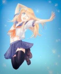 Rule 34 | 10s, 1boy, ;d, arm up, bad id, bad pixiv id, black thighhighs, blonde hair, blue eyes, blue skirt, crop top, crossdressing, full body, jumping, loafers, long hair, male focus, midare toushirou, midriff, navel, one eye closed, open mouth, pleated skirt, school uniform, serafuku, shino (syllable), shoes, skirt, smile, solo, sparkle, thighhighs, touken ranbu, trap
